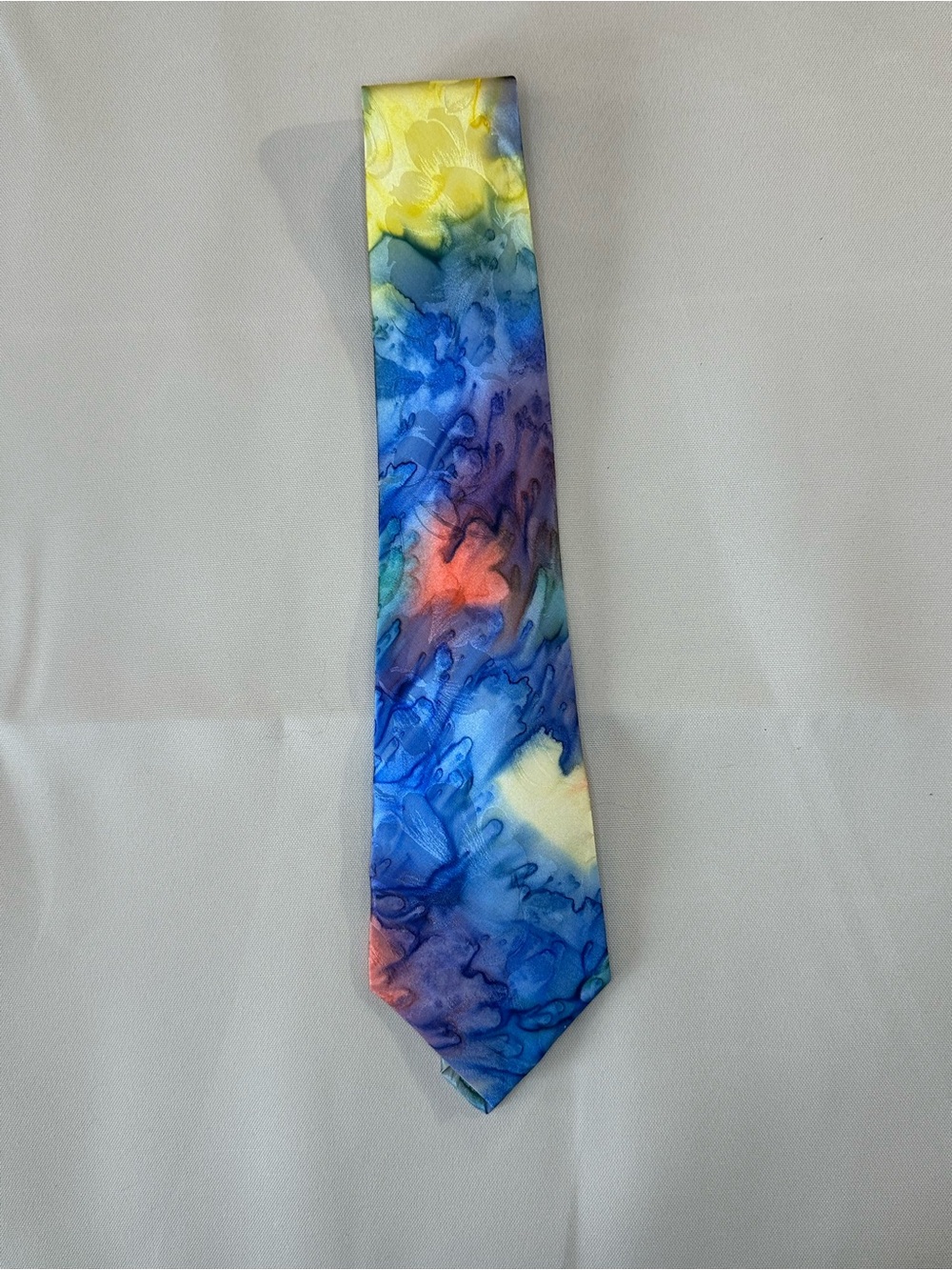 Qingren 100% Silk Tie Blue Purple Yellow Watercolor Print 54”